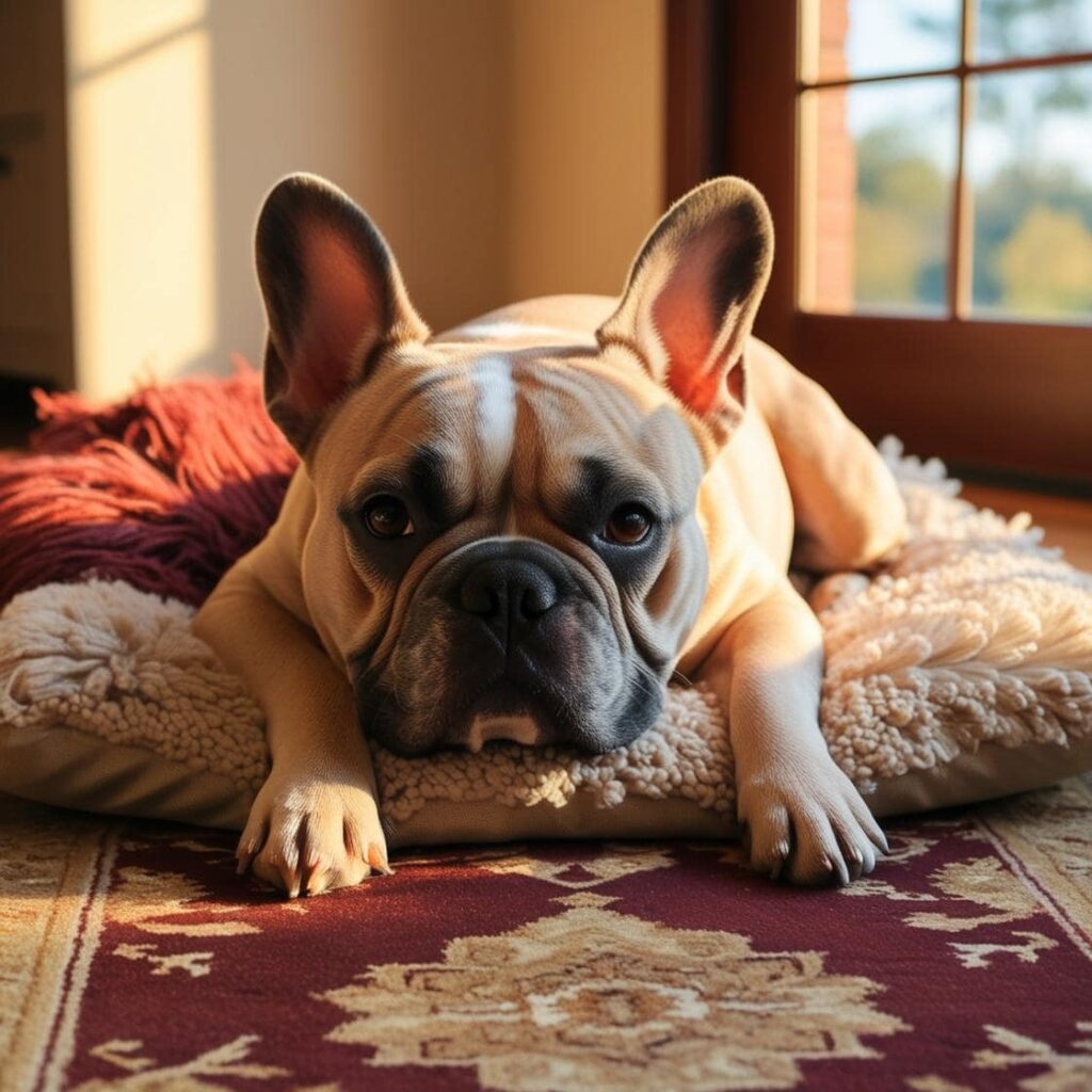 Bulldog Francese in casa Bulldog Francese seduto in casa