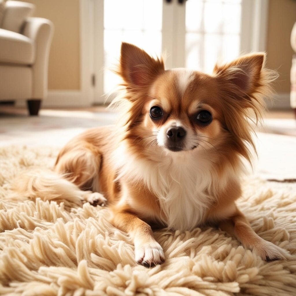 Chihuahua in casa Chihuahua seduto sul tappeto di casa